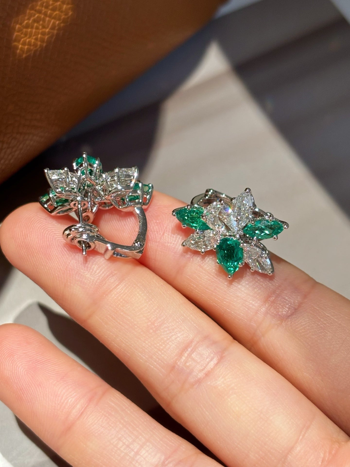 Lab Grown Emerald & Diamond Floral Earrings | The Blossom of Renewal | 18K White Gold
