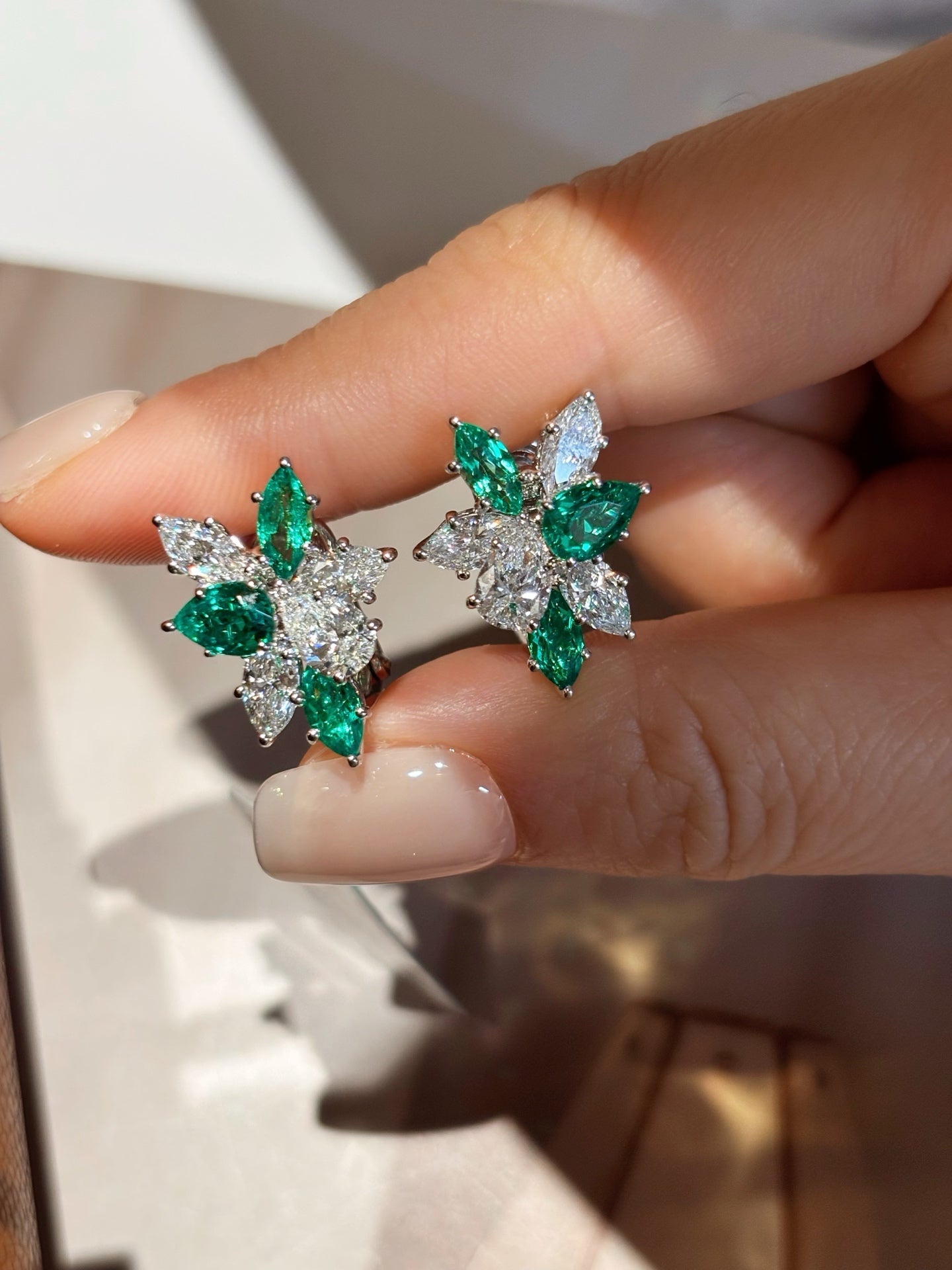 Lab Grown Emerald & Diamond Floral Earrings | The Blossom of Renewal | 18K White Gold