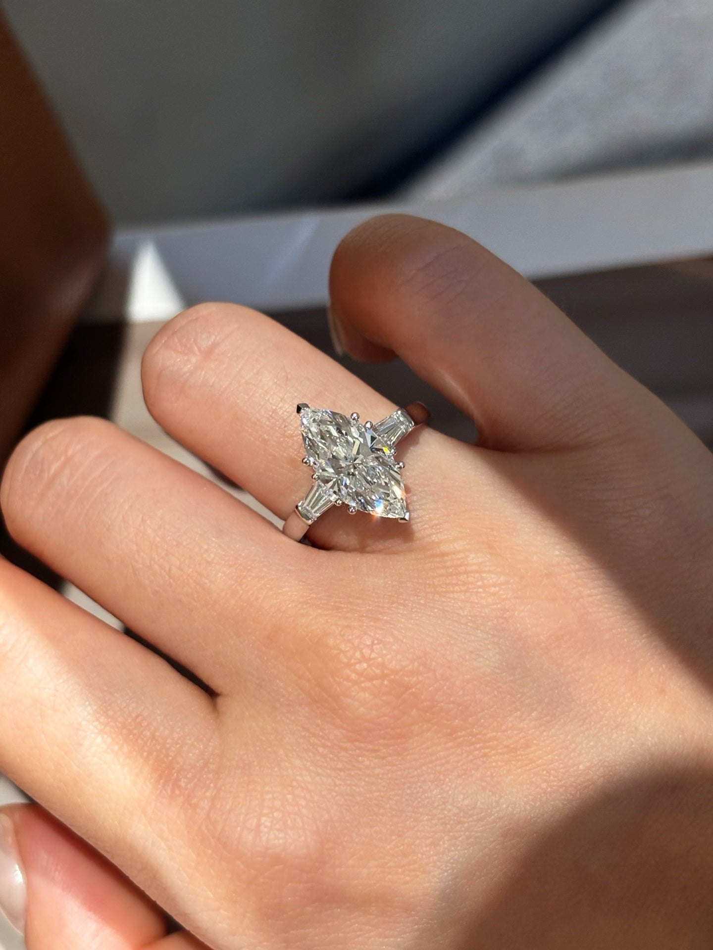 2 Carat Marquise Lab Grown Diamond Three Stone Ring with Baguette Side Stones | Platinum