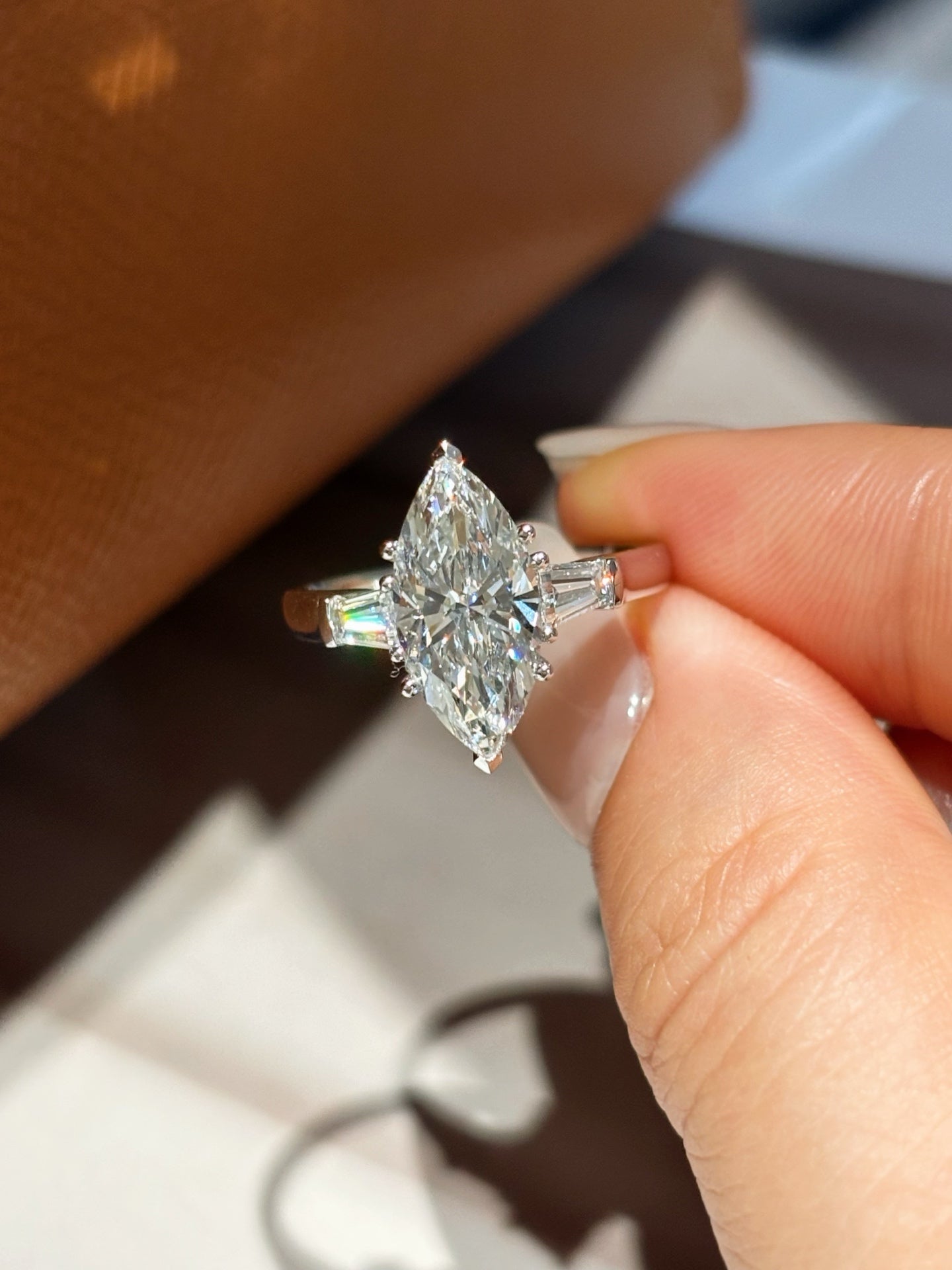 2 Carat Marquise Lab Grown Diamond Three Stone Ring with Baguette Side Stones | Platinum