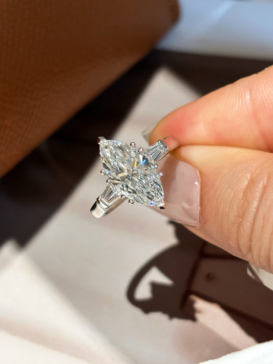 2 Carat Marquise Lab Grown Diamond Three Stone Ring with Baguette Side Stones | Platinum