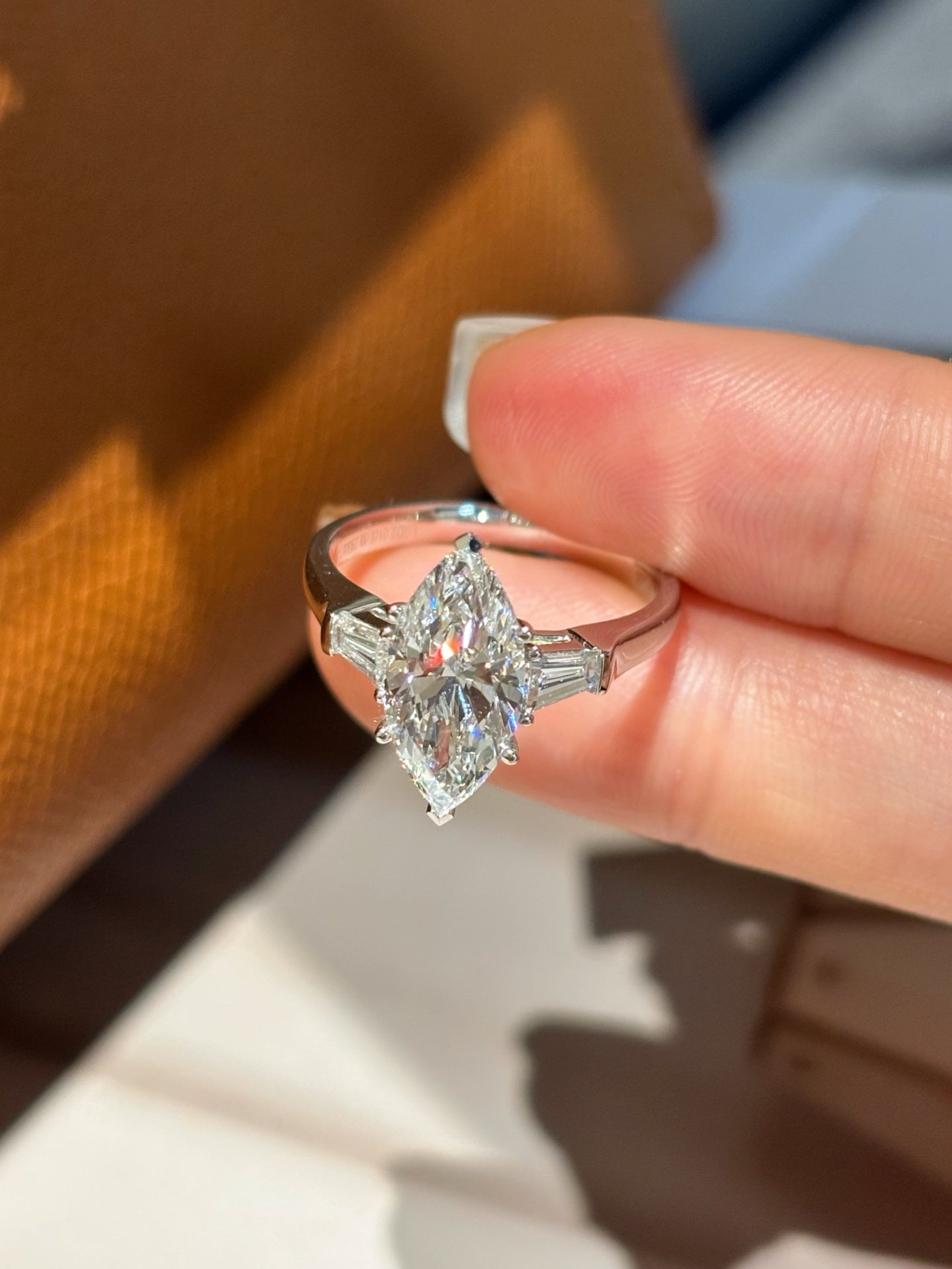 2 Carat Marquise Lab Grown Diamond Three Stone Ring with Baguette Side Stones | Platinum