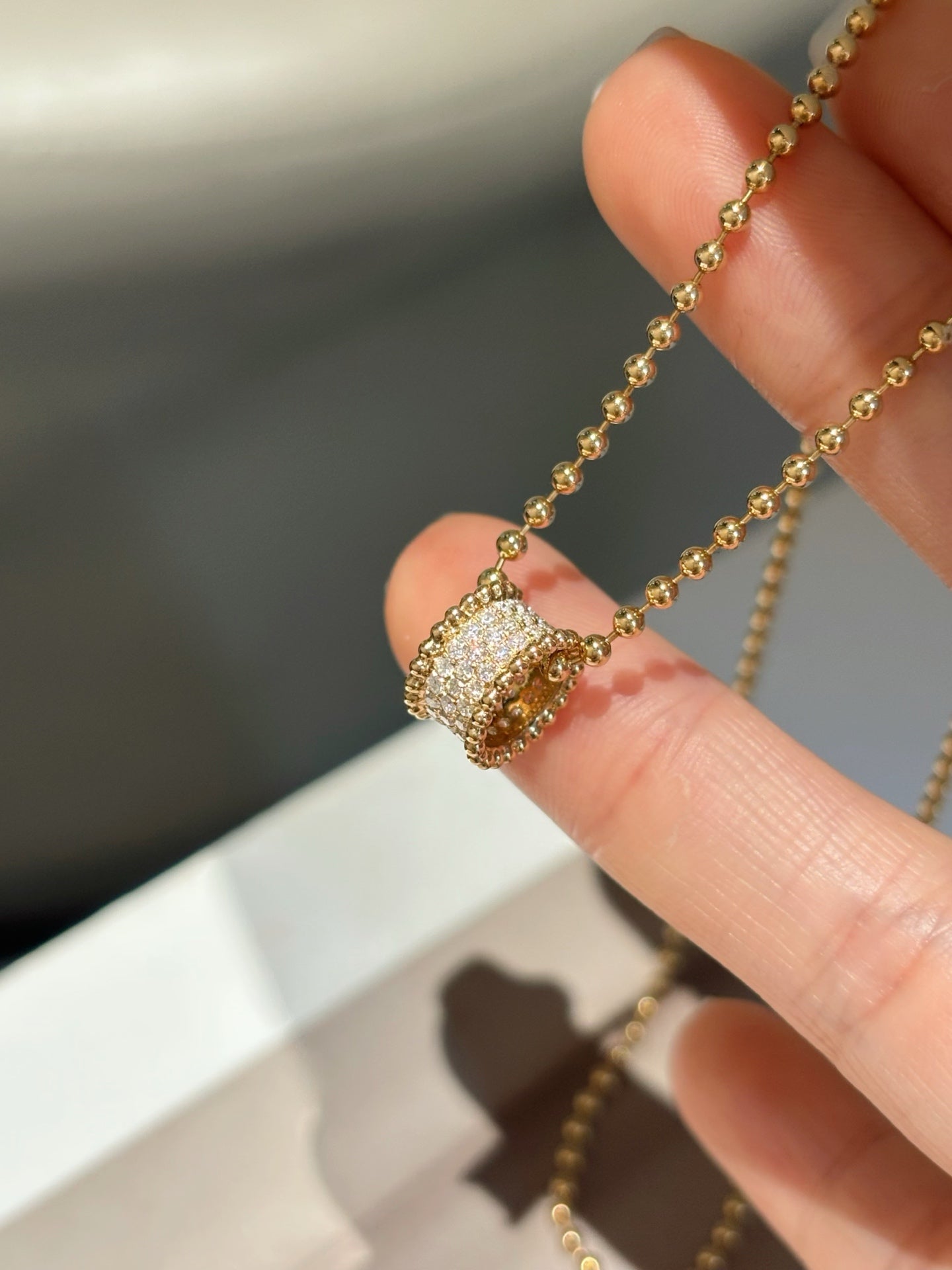 18K Yellow Gold Beaded Chain Pave Diamond Barrel Pendant Necklace