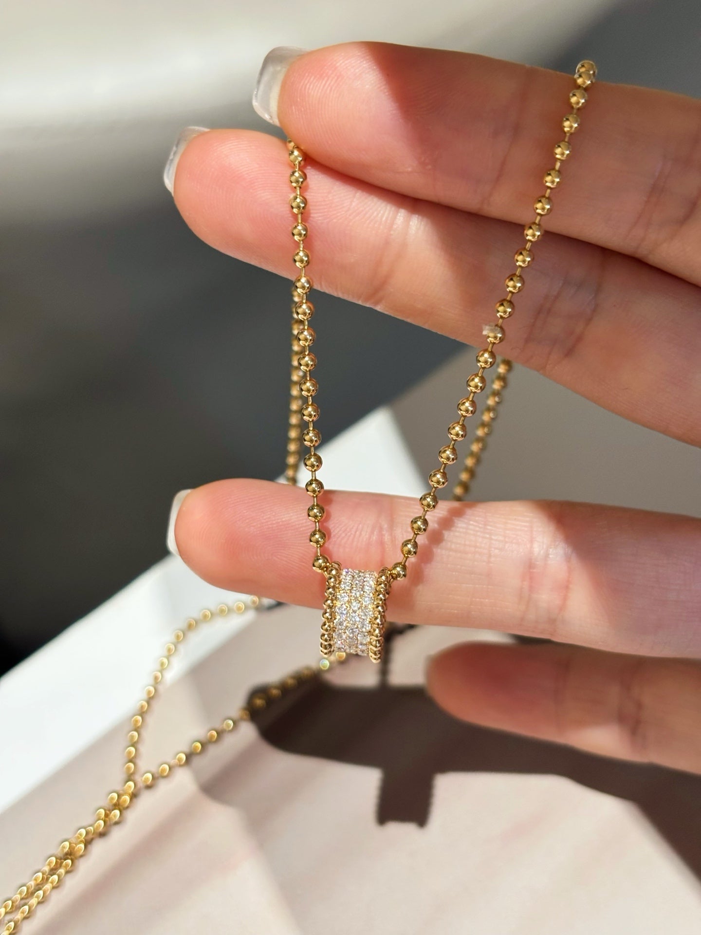 18K Yellow Gold Beaded Chain Pave Diamond Barrel Pendant Necklace