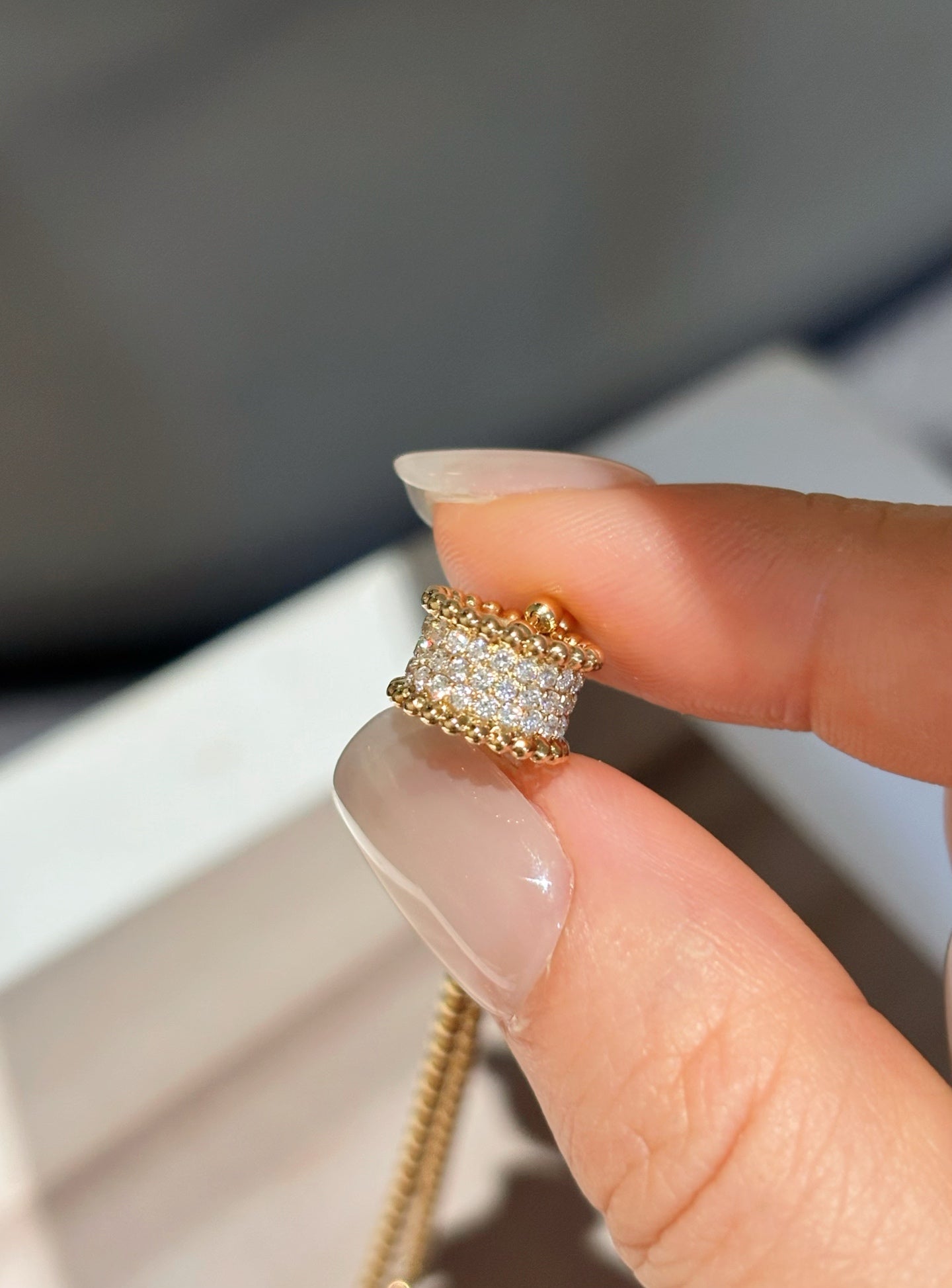 18K Yellow Gold Beaded Chain Pave Diamond Barrel Pendant Necklace