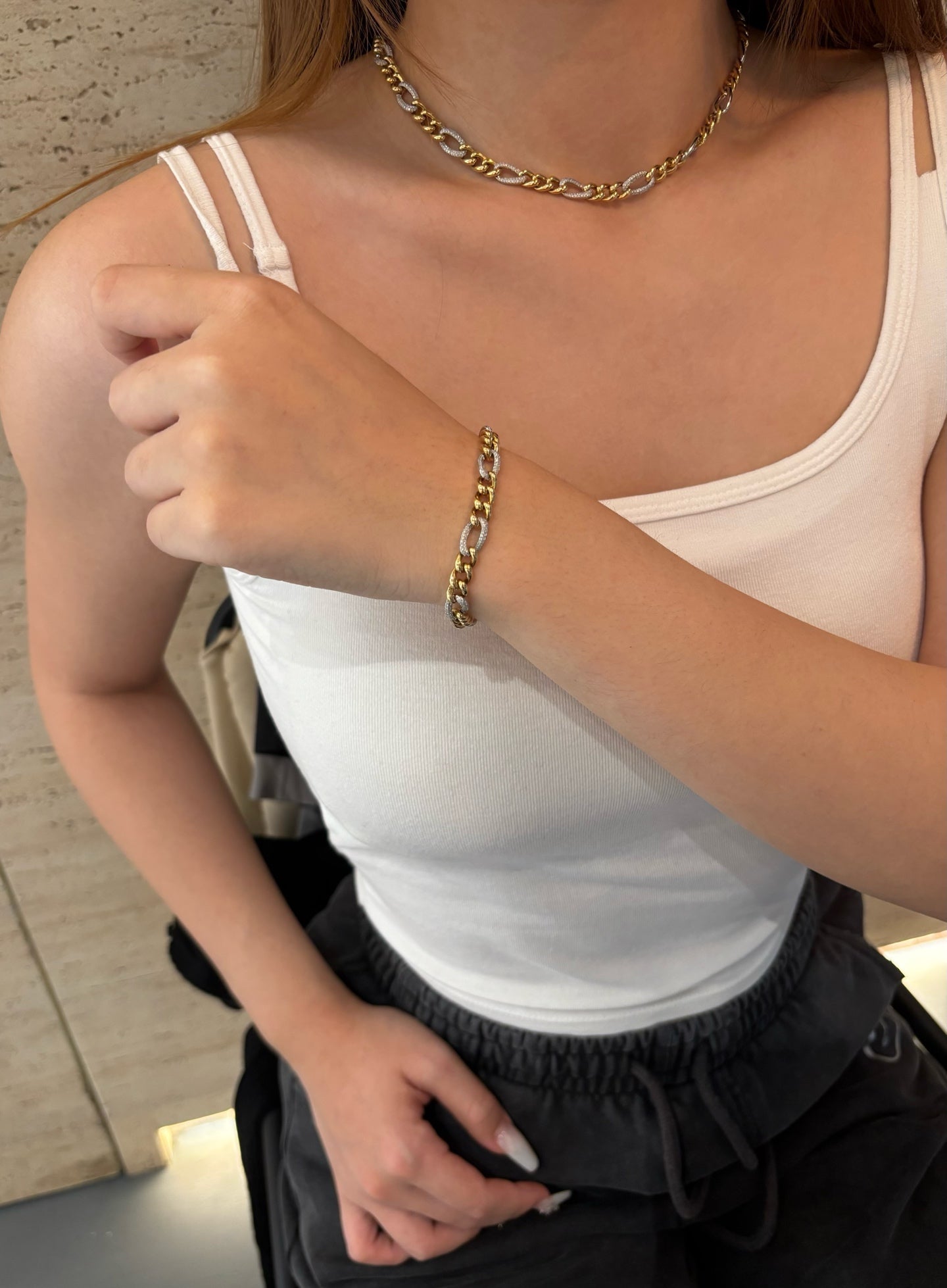 Two-Tone Cuban Chain Micro Pave Lab Diamond Layering Choker | 18K Gold