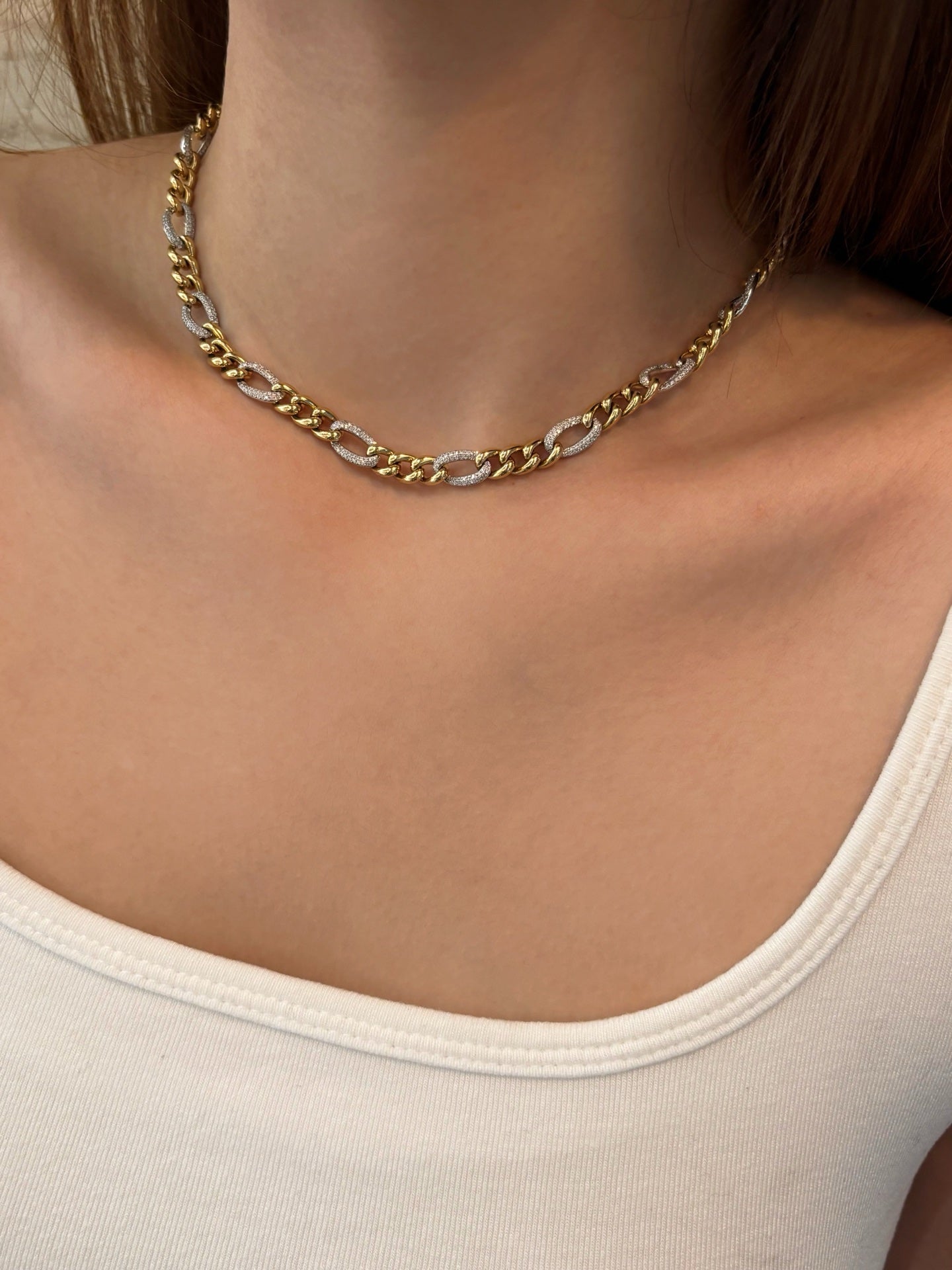 Two-Tone Cuban Chain Micro Pave Lab Diamond Layering Choker | 18K Gold