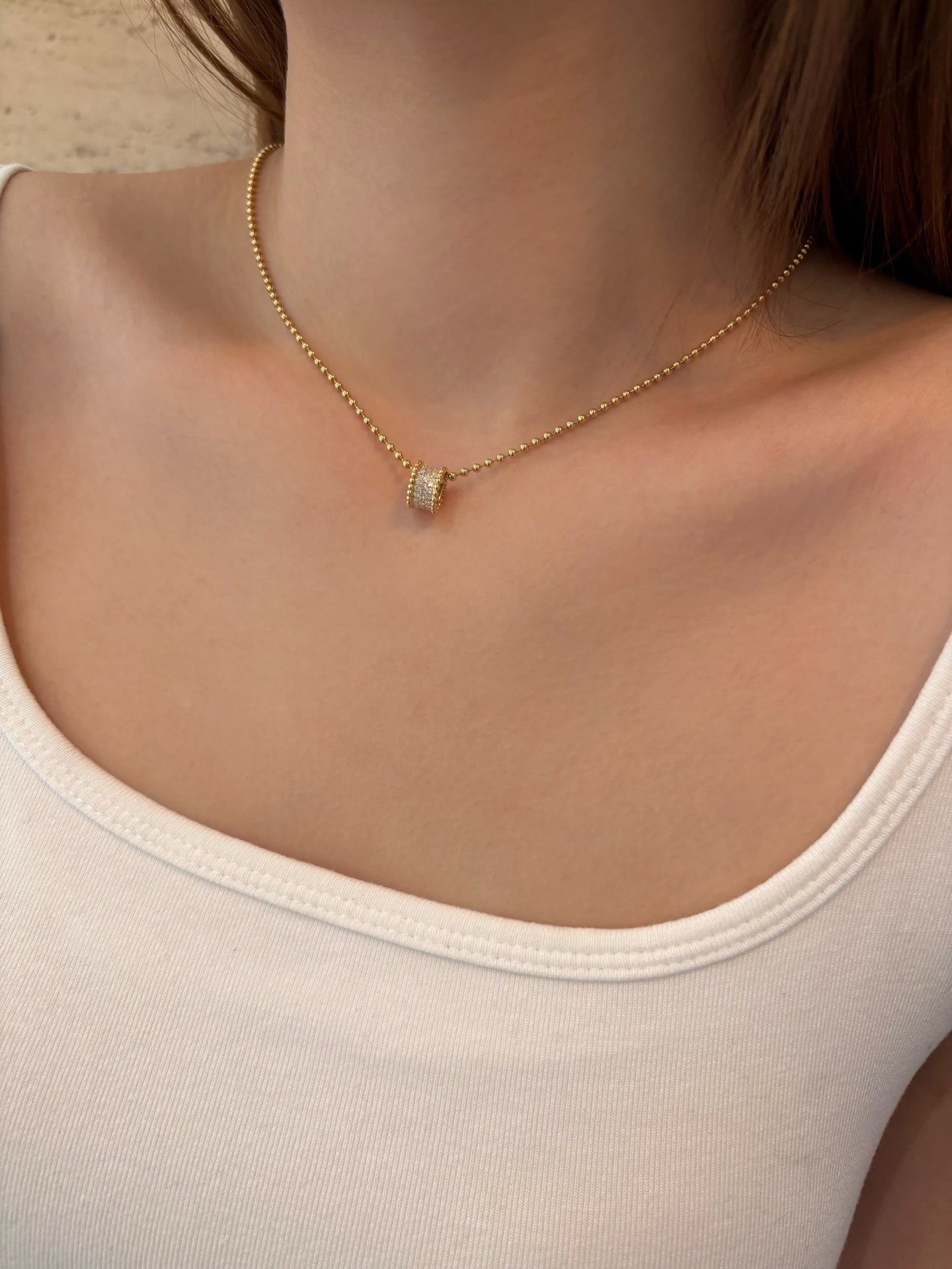 18K Yellow Gold Beaded Chain Pave Diamond Barrel Pendant Necklace