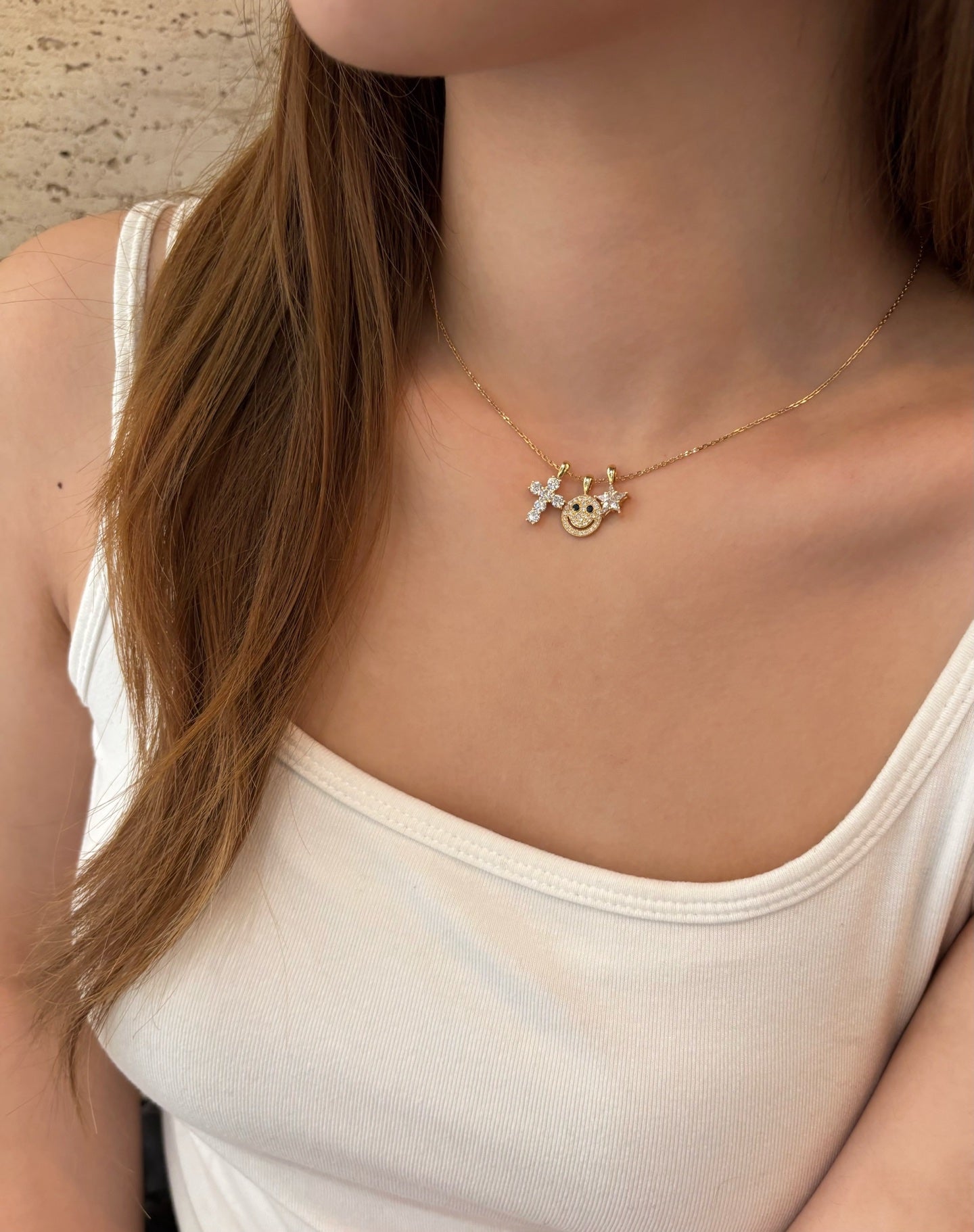 Smiley, Cross & Star Lab Grown Diamond Necklace | 3 Pendant Fun Design | 18K Yellow Gold