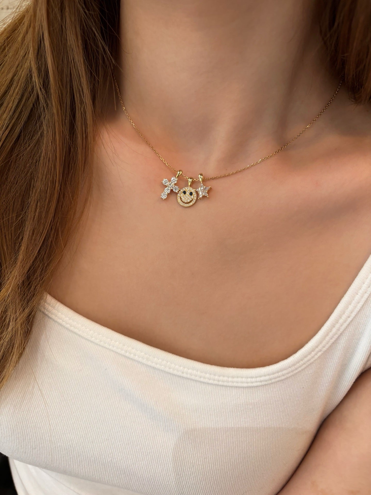 Smiley, Cross & Star Lab Grown Diamond Necklace | 3 Pendant Fun Design | 18K Yellow Gold