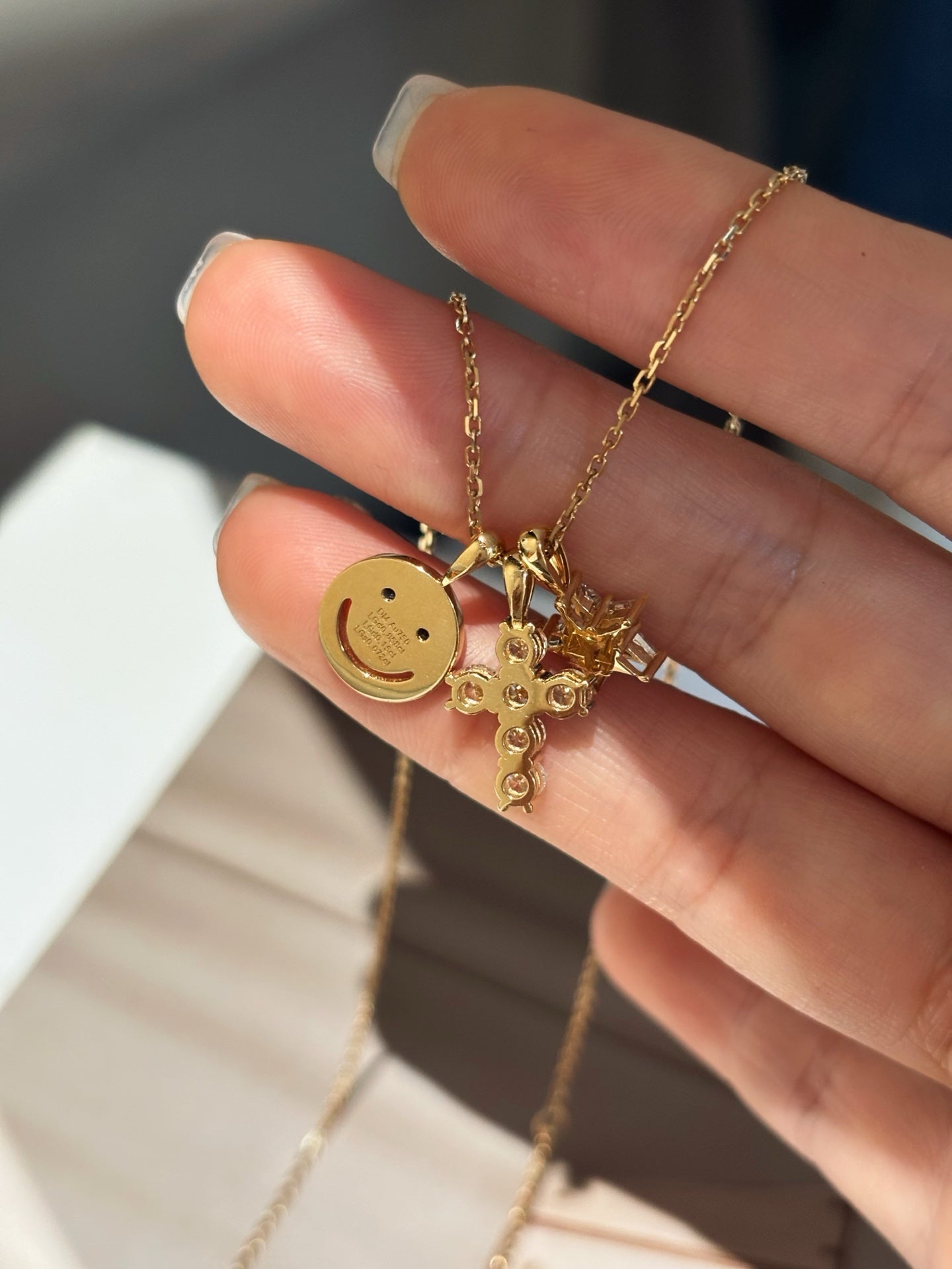 Smiley, Cross & Star Lab Grown Diamond Necklace | 3 Pendant Fun Design | 18K Yellow Gold
