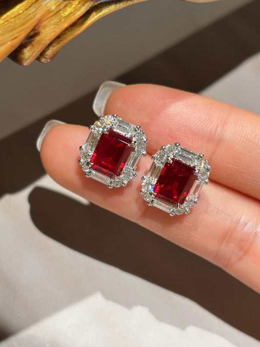 Emerald Cut Lab Grown Ruby Earrings | Timeless Devotion | Platinum