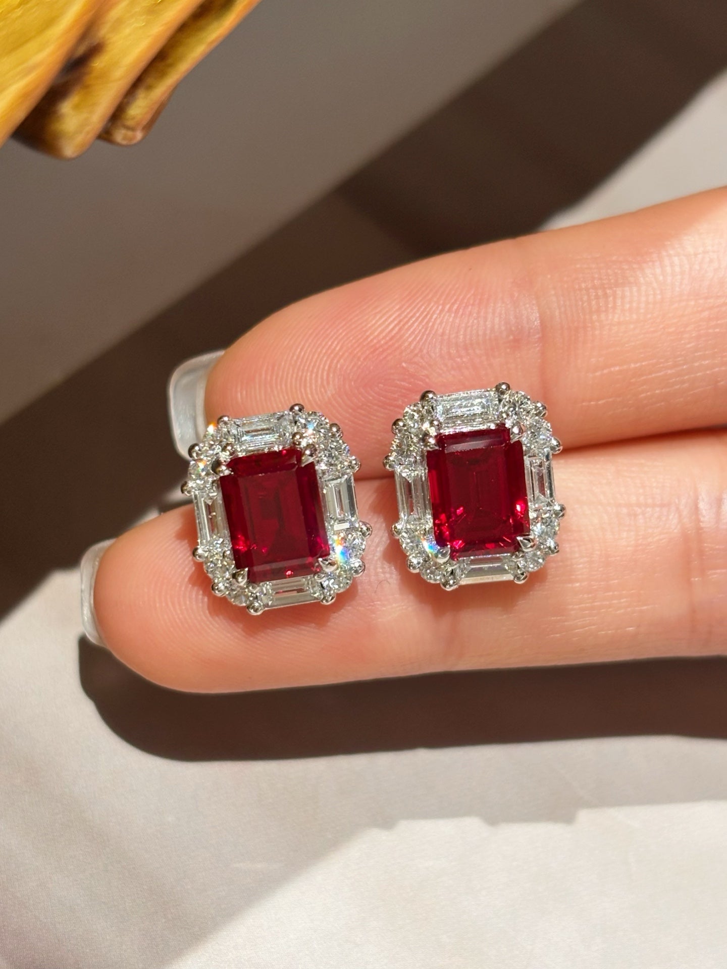 Emerald Cut Lab Grown Ruby Earrings | Timeless Devotion | Platinum