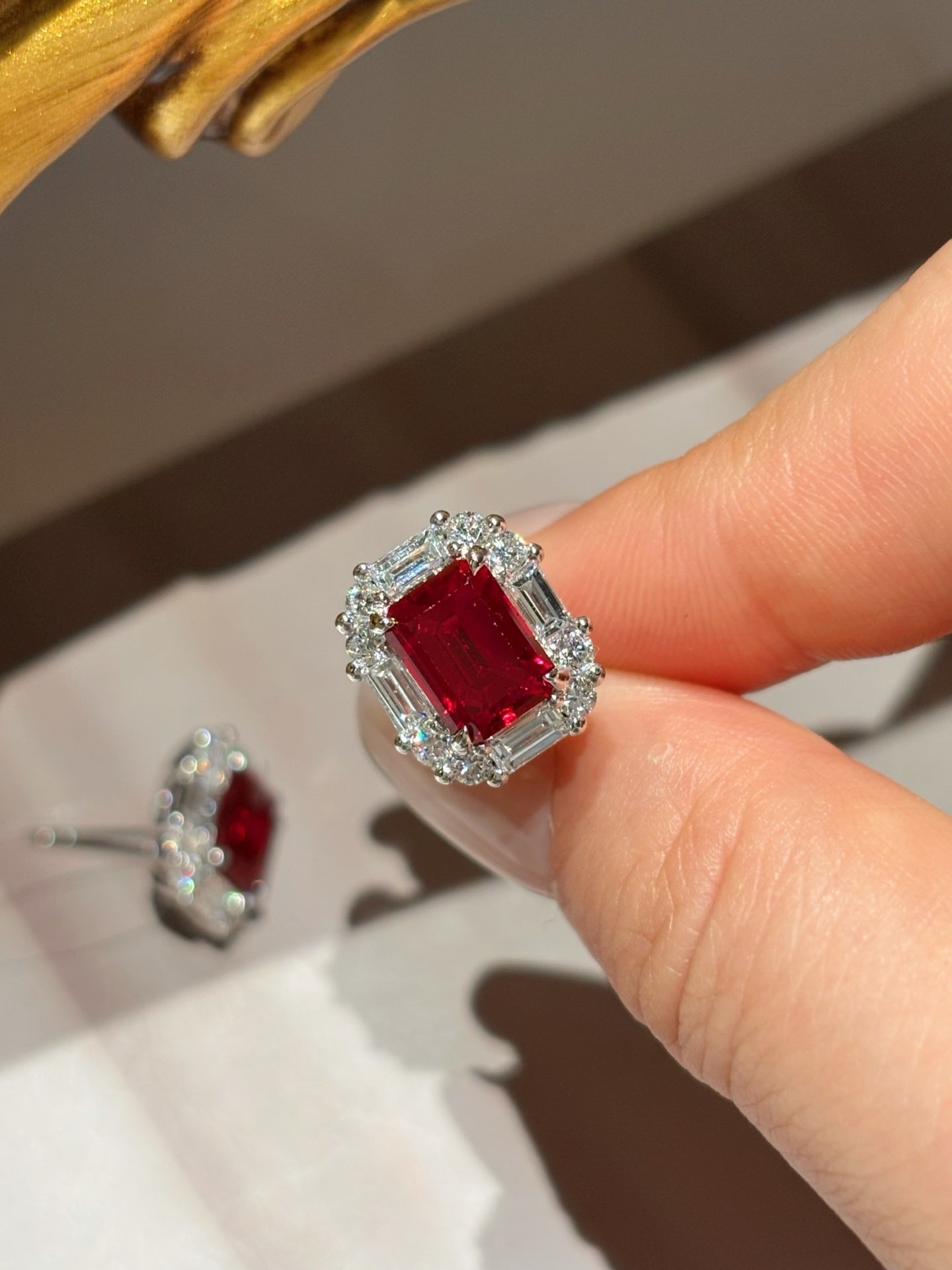 Emerald Cut Lab Grown Ruby Earrings | Timeless Devotion | Platinum