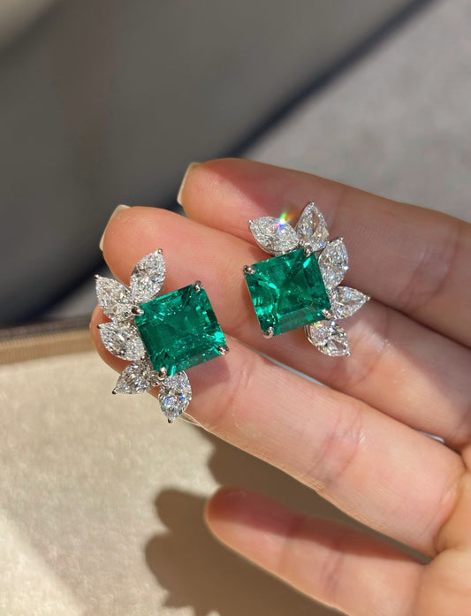 Lab Grown Emerald Earrings | The Stone of Successful Love | 18K White Gold