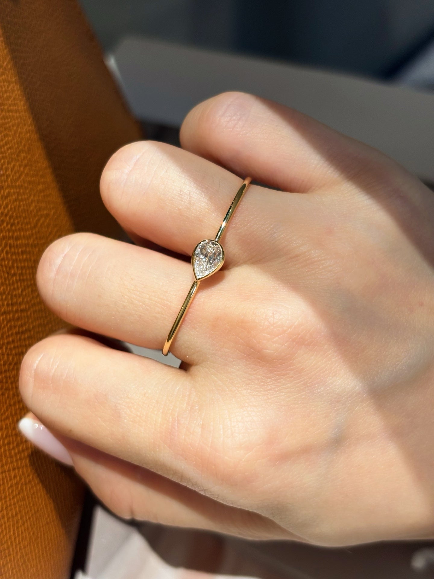 Bezel Set Pear Shape Lab Grown Diamond Two Finger Ring | Unique Statement Design| 18K Yellow Gold