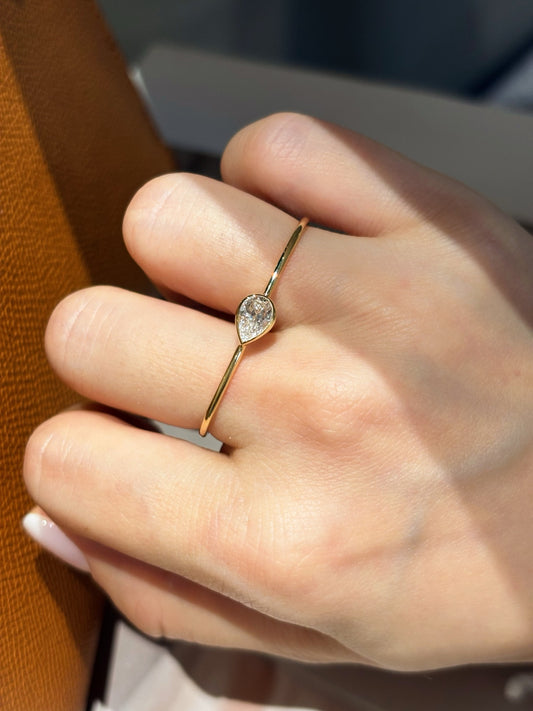 Bezel Set Pear Shape Lab Grown Diamond Two Finger Ring | Unique Statement Design| 18K Yellow Gold