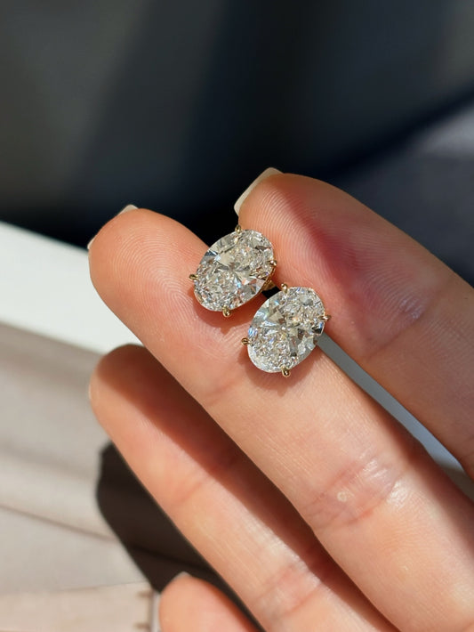 4.12ct/2 2.76g Oval Lab Grown Diamond Stud Earrings | Solitaire Setting | 18K Yellow Gold