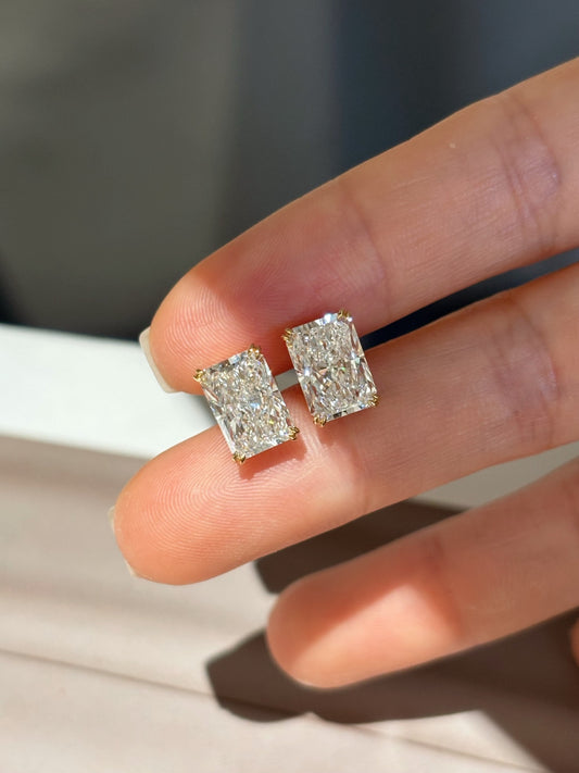 4.12ct/2 Radiant Cut Lab Grown Diamond Stud Earrings | Solitaire Setting | 18K Yellow Gold