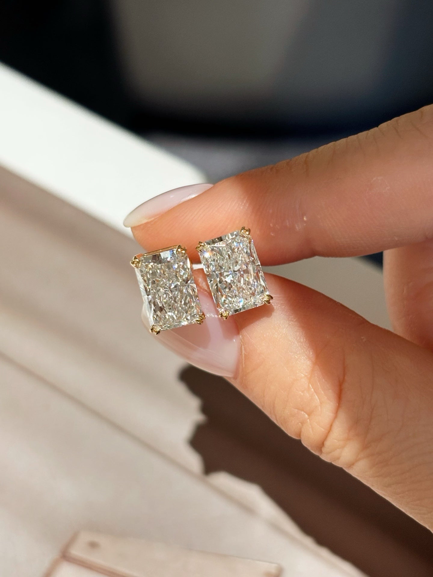 4.12ct/2 Radiant Cut Lab Grown Diamond Stud Earrings | Solitaire Setting | 18K Yellow Gold