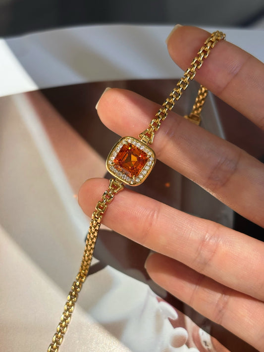 Asscher Cut Lab Fanta Gemstone Bracelet with Diamond Halo | 18K Yellow Gold