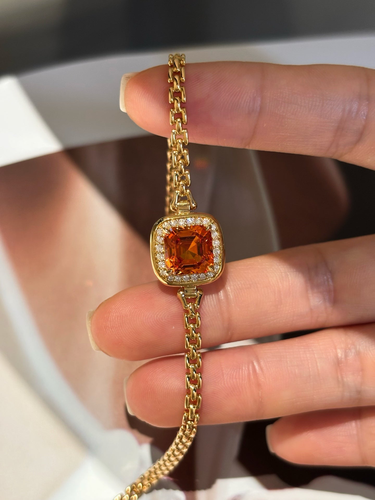 Asscher Cut Lab Fanta Gemstone Bracelet with Diamond Halo | 18K Yellow Gold