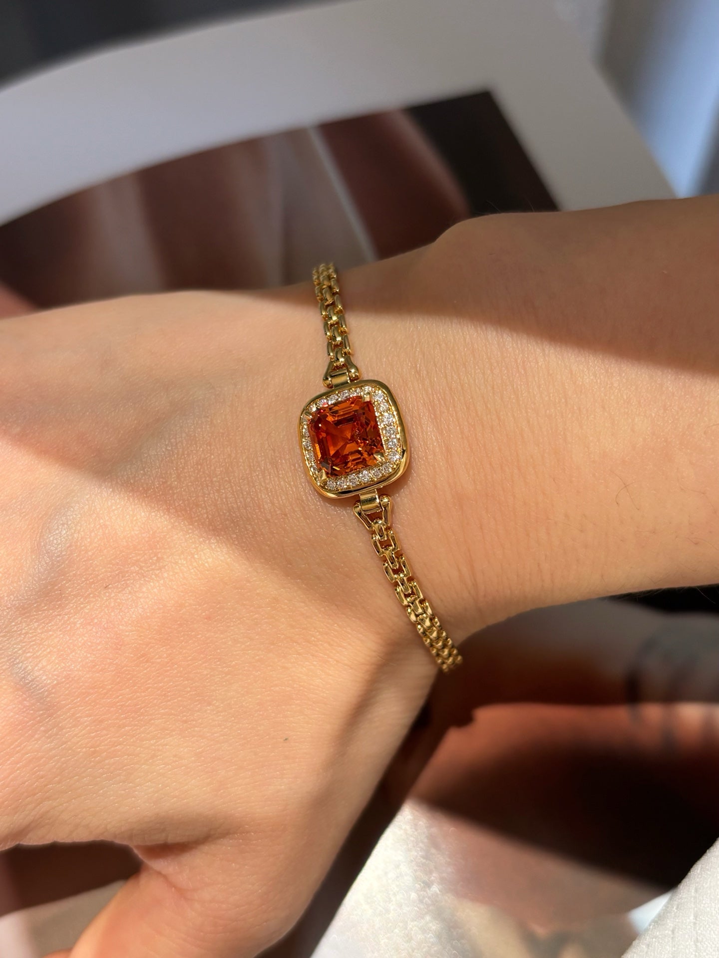 Asscher Cut Lab Fanta Gemstone Bracelet with Diamond Halo | 18K Yellow Gold
