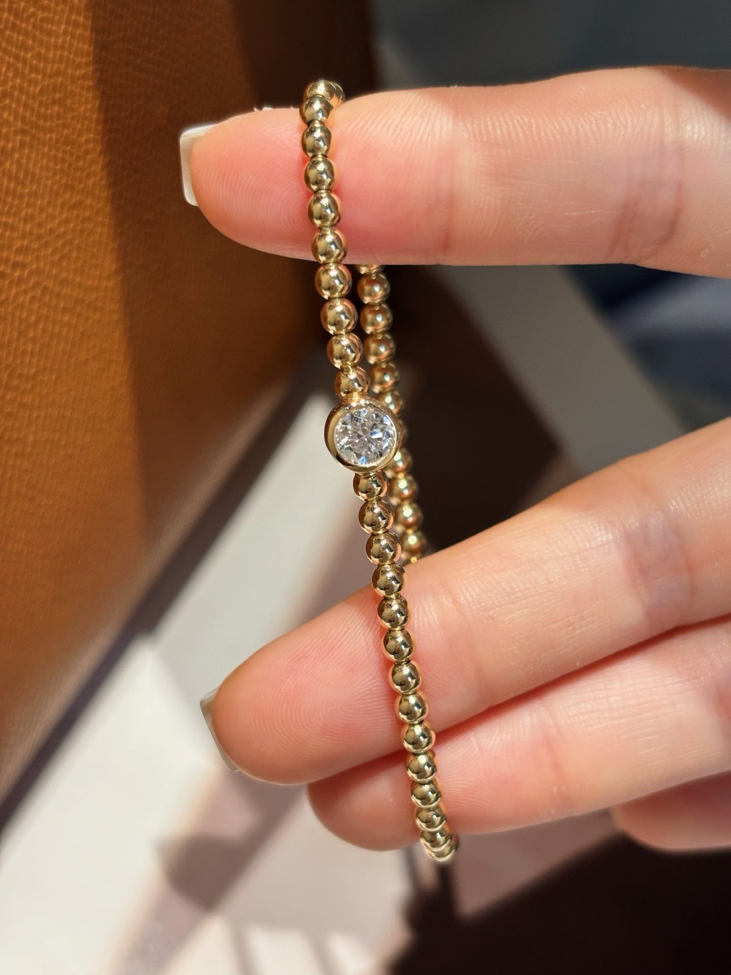 0.515ct 4.89g Bezel Set Round Lab Grown Diamond Beaded Bracelet | Single Diamond | 18K Yellow Gold