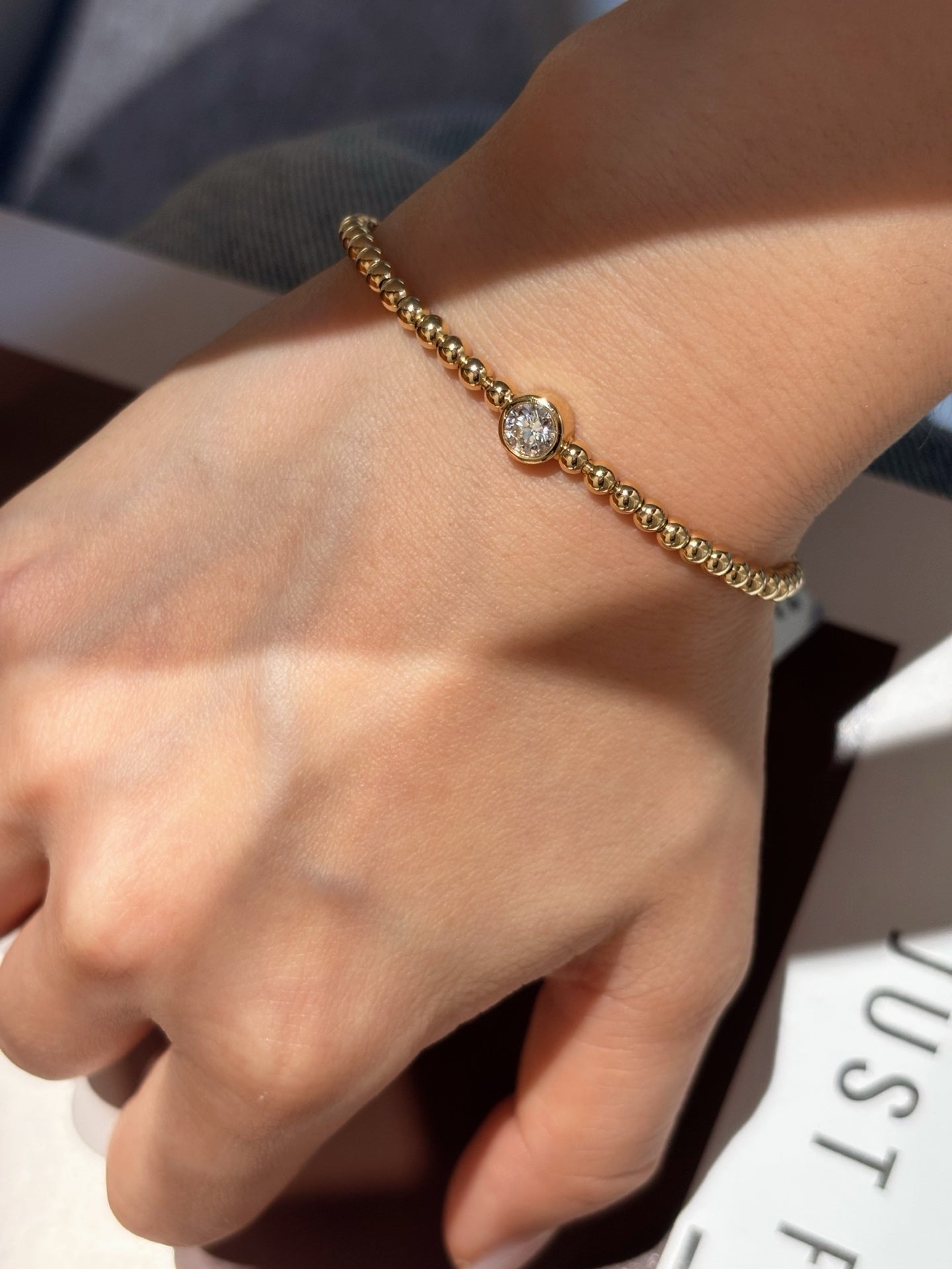 0.515ct 4.89g Bezel Set Round Lab Grown Diamond Beaded Bracelet | Single Diamond | 18K Yellow Gold