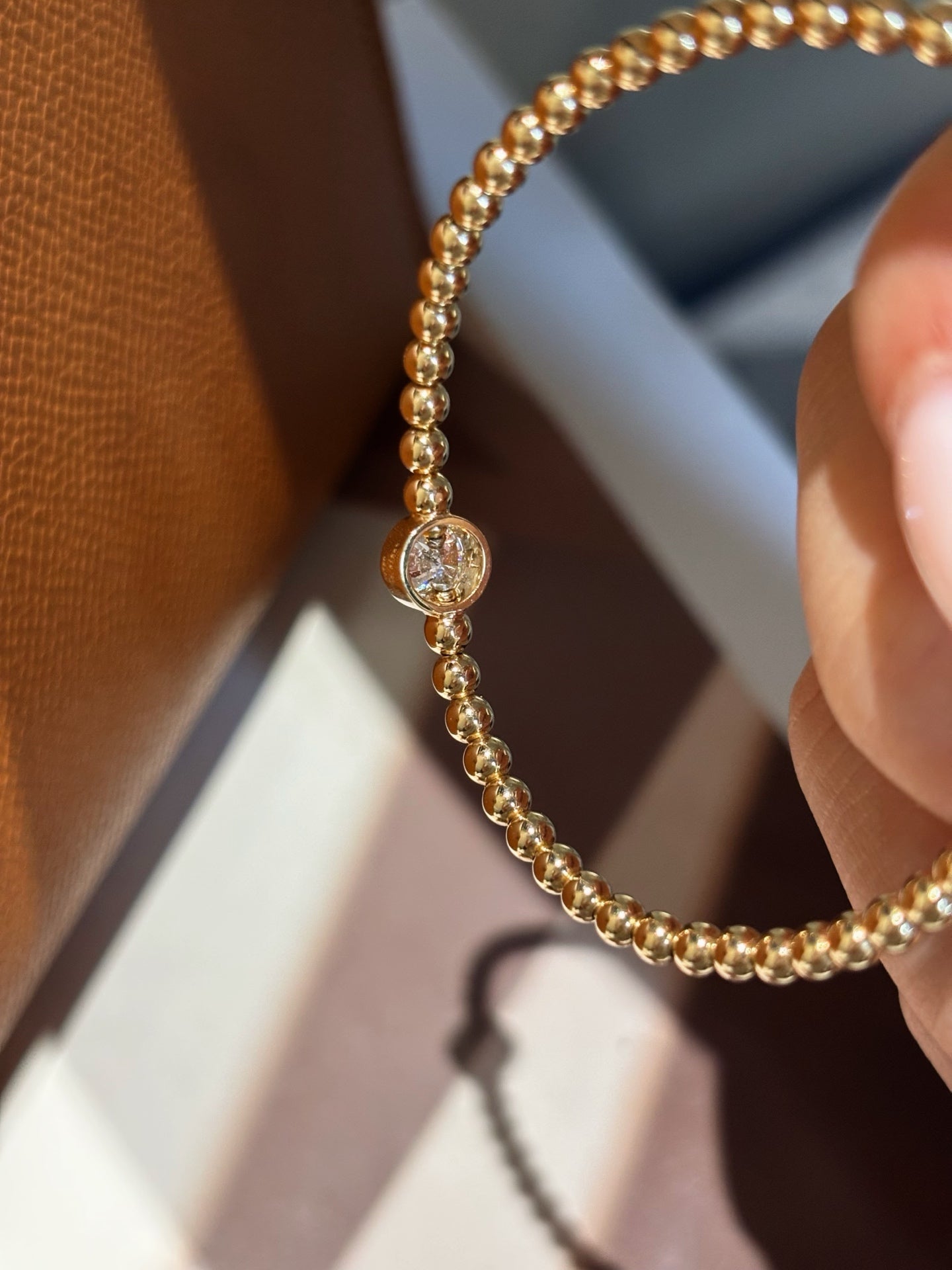 0.515ct 4.89g Bezel Set Round Lab Grown Diamond Beaded Bracelet | Single Diamond | 18K Yellow Gold