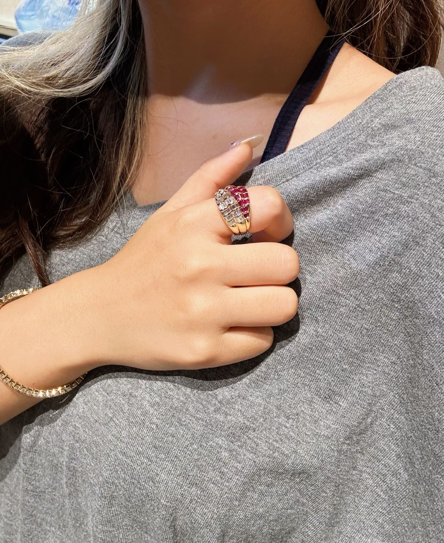Half Lab Ruby & Half Lab Diamond Ring | Full Baguette Cut Band | Unique Design | 18K Yellow Gold