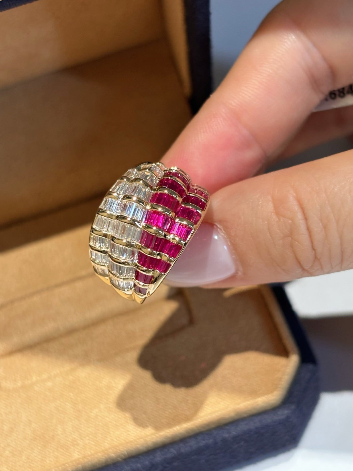 Half Lab Ruby & Half Lab Diamond Ring | Full Baguette Cut Band | Unique Design | 18K Yellow Gold