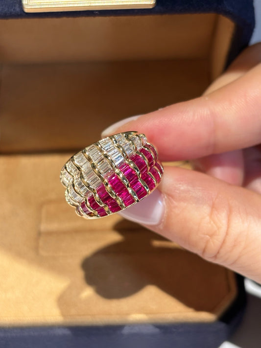 Half Lab Ruby & Half Lab Diamond Ring | Full Baguette Cut Band | Unique Design | 18K Yellow Gold