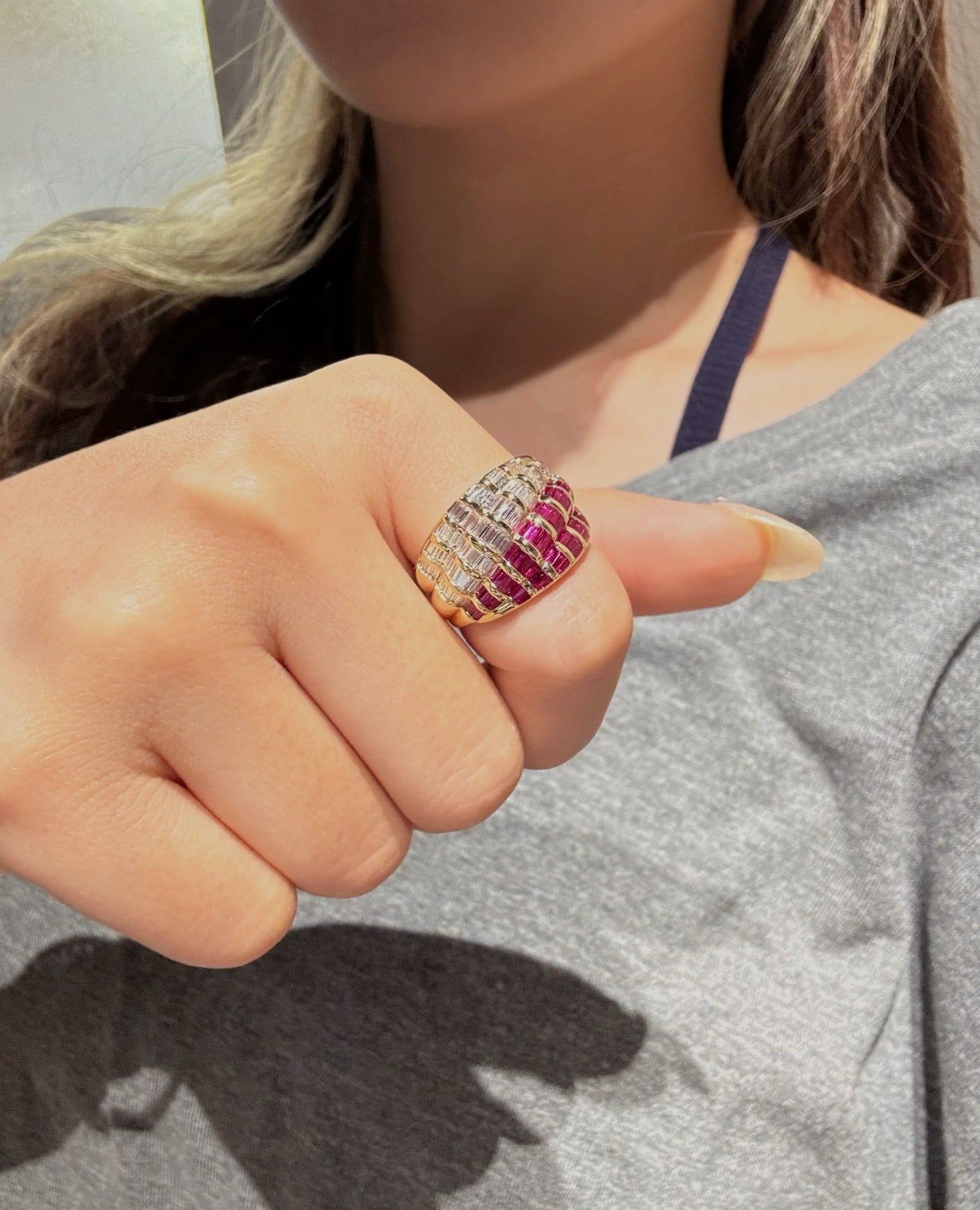 Half Lab Ruby & Half Lab Diamond Ring | Full Baguette Cut Band | Unique Design | 18K Yellow Gold