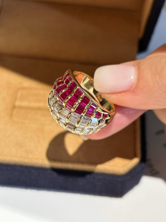 Half Lab Ruby & Half Lab Diamond Ring | Full Baguette Cut Band | Unique Design | 18K Yellow Gold