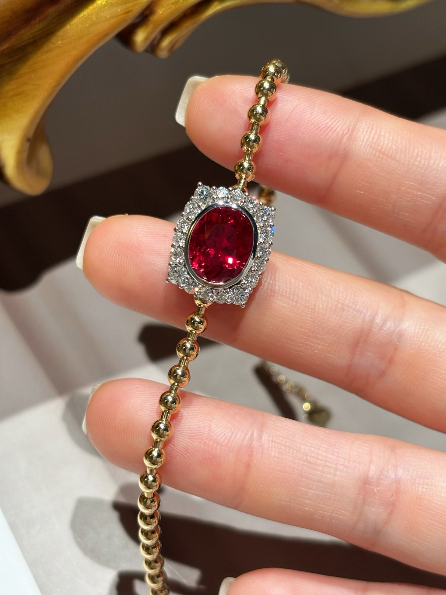 3.87ct 6.7g Oval Lab Ruby Bracelet with Diamond Halo | Beaded Chain Mix Metal Design | 18K Gold