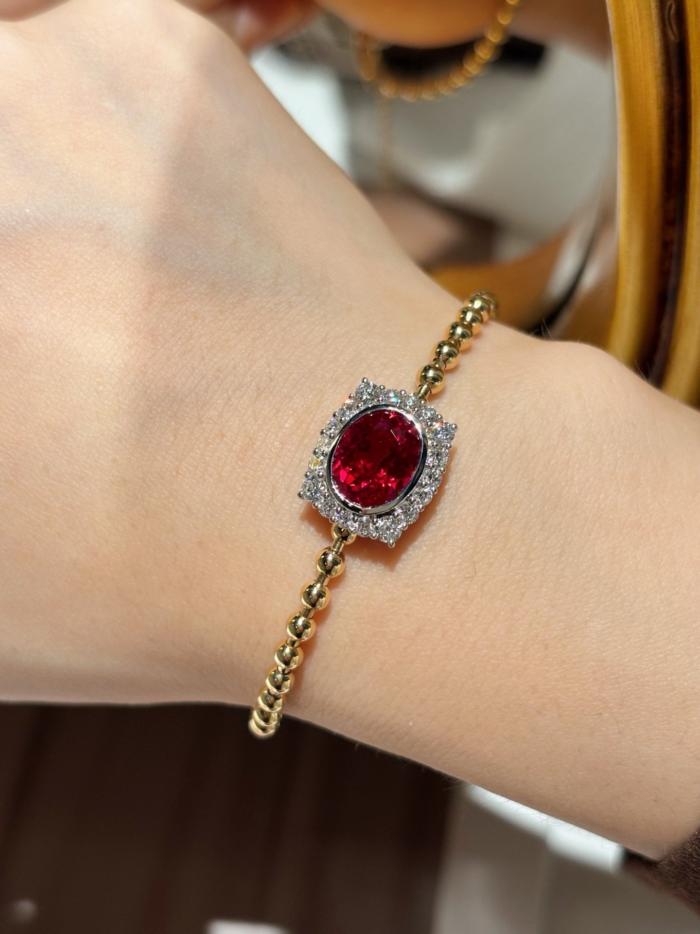 3.87ct 6.7g Oval Lab Ruby Bracelet with Diamond Halo | Beaded Chain Mix Metal Design | 18K Gold