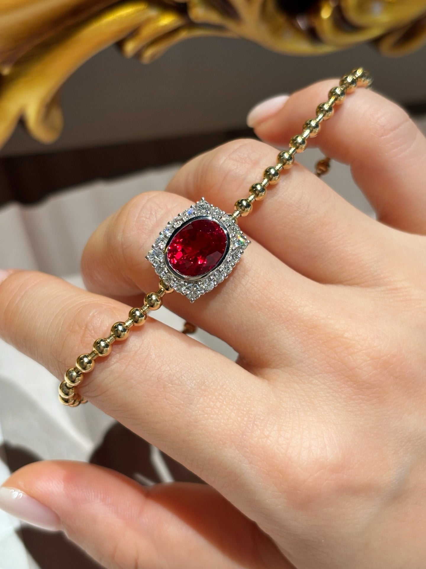 3.87ct 6.7g Oval Lab Ruby Bracelet with Diamond Halo | Beaded Chain Mix Metal Design | 18K Gold