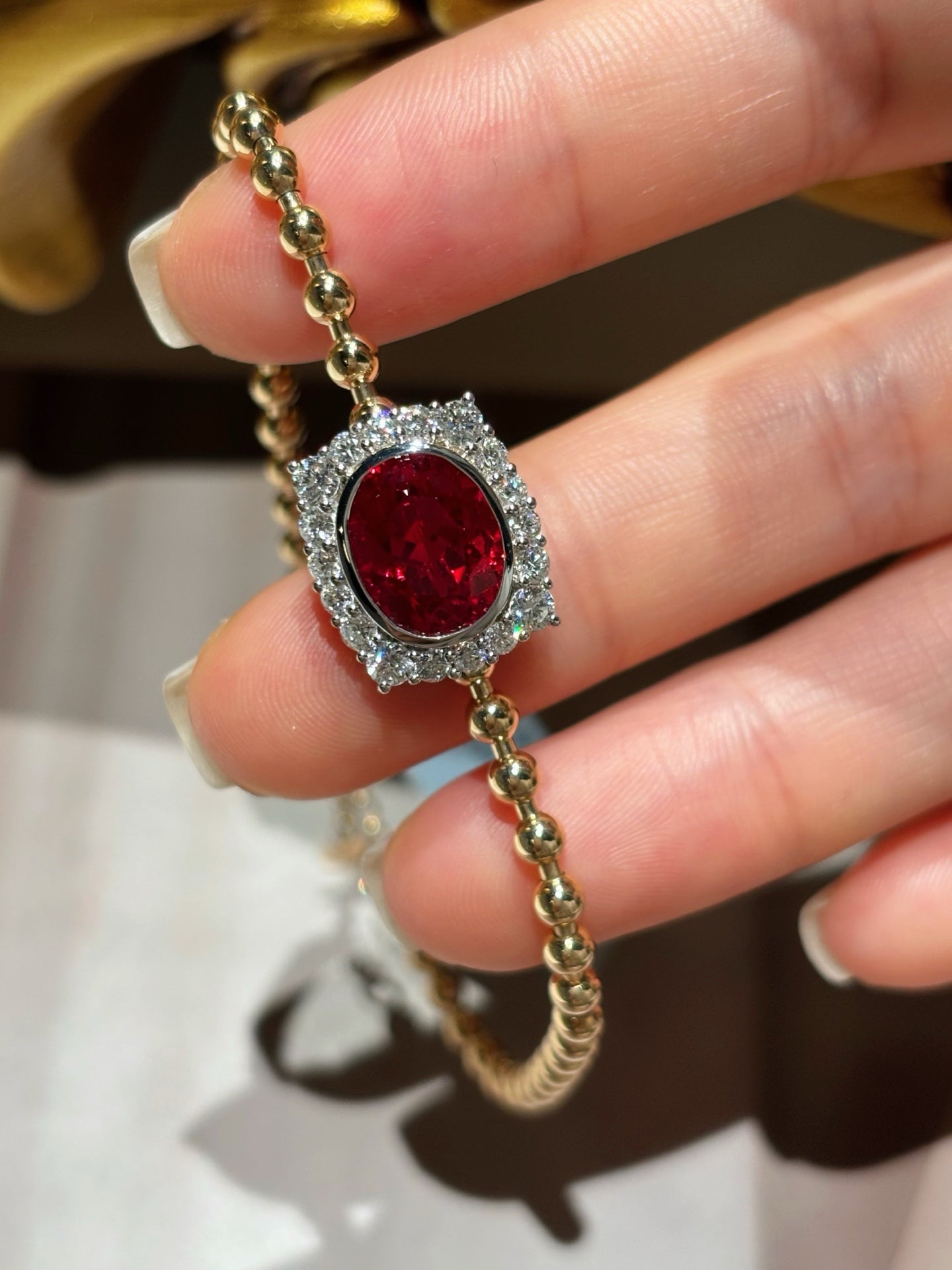 3.87ct 6.7g Oval Lab Ruby Bracelet with Diamond Halo | Beaded Chain Mix Metal Design | 18K Gold