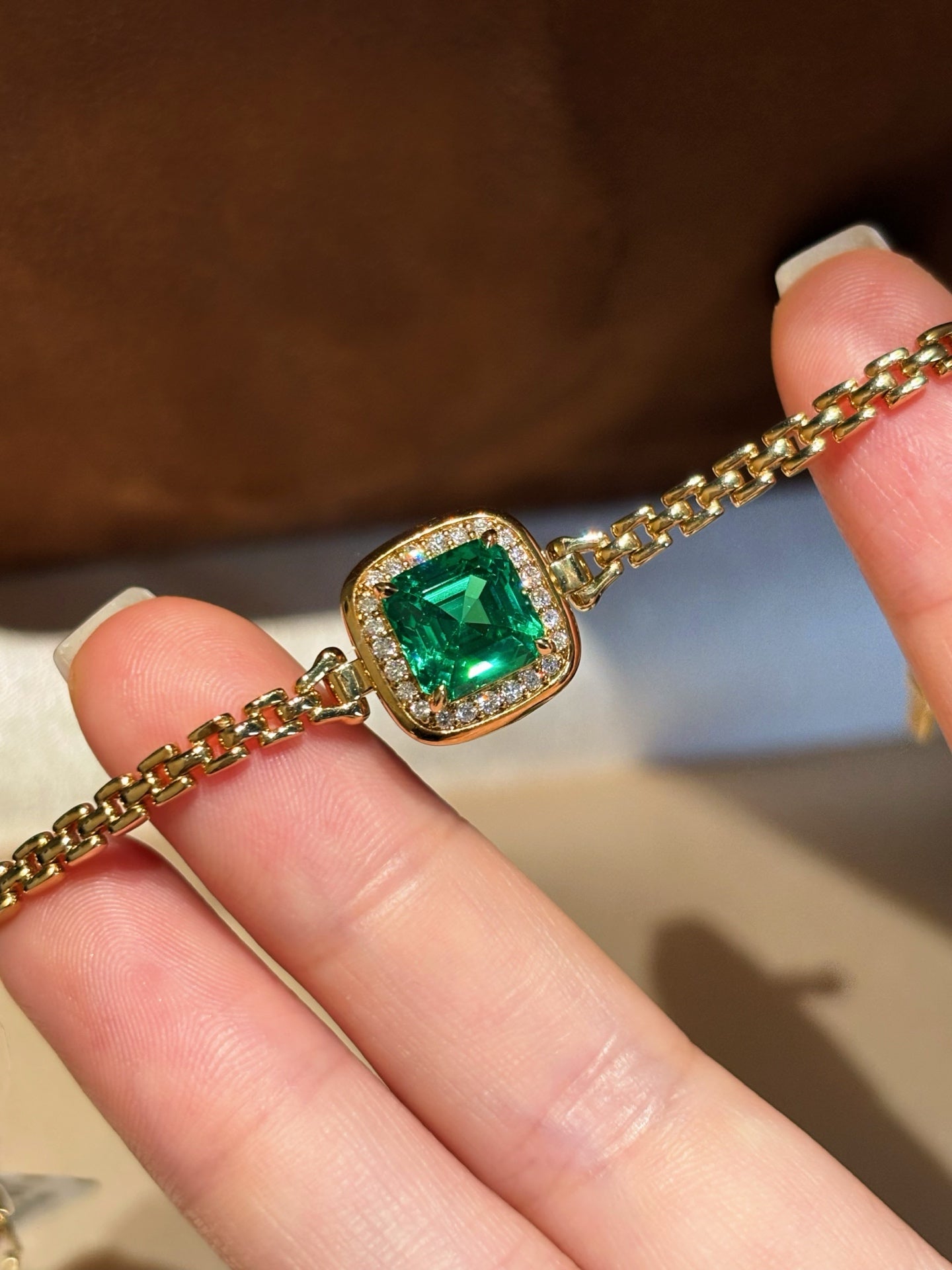 Asscher Cut Lab Emerald Gemstone Bracelet with Diamond Halo | 18K Yellow Gold