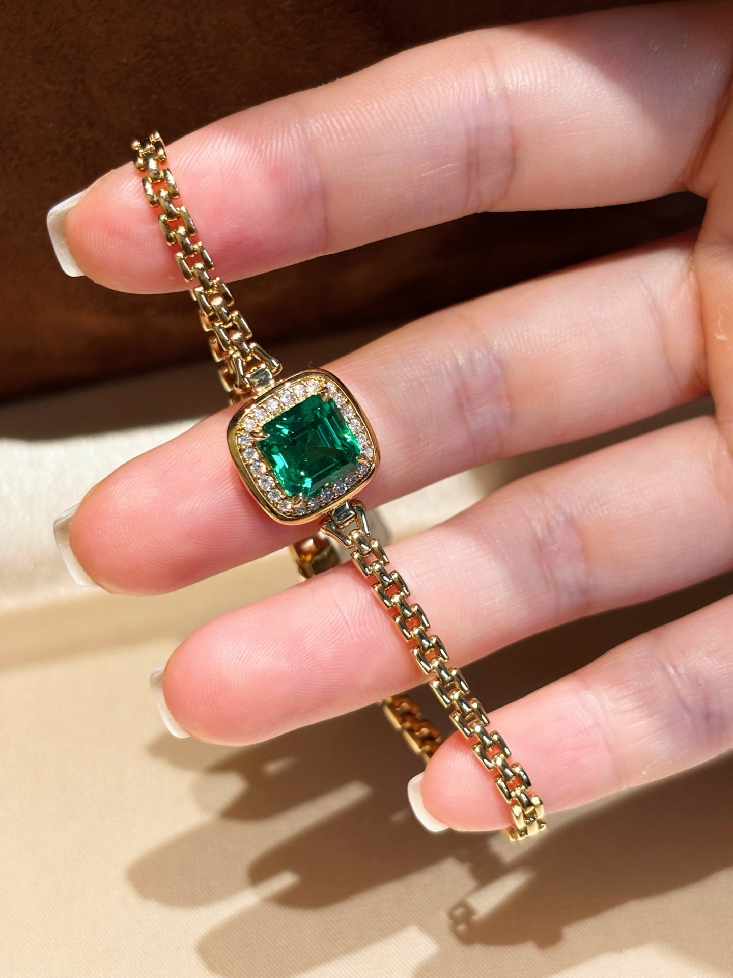 Asscher Cut Lab Emerald Gemstone Bracelet with Diamond Halo | 18K Yellow Gold