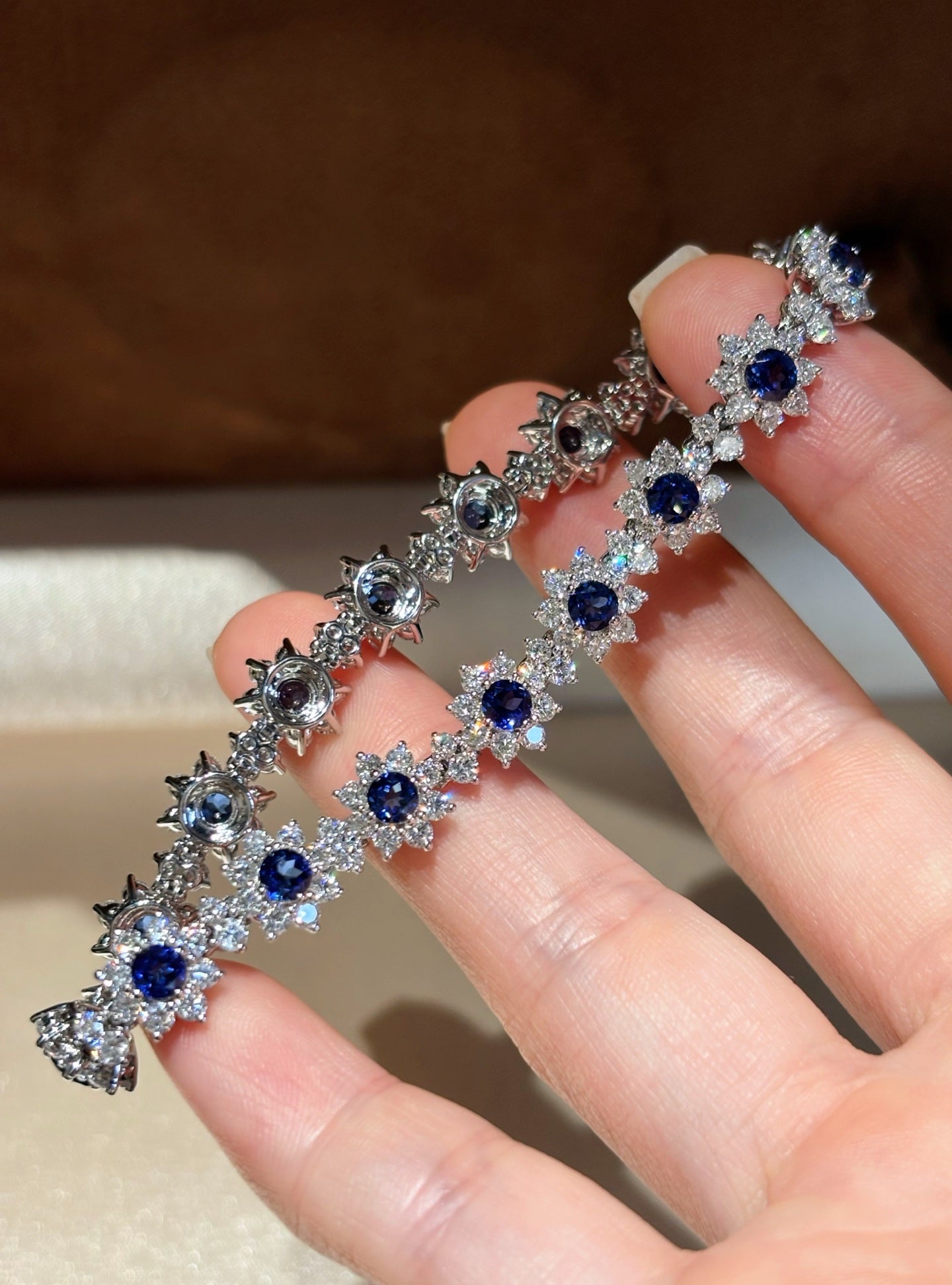 Sunflower Lab Royal Blue Sapphire & Diamond Bracelet | Full Floral Design | Luxury | Platinum