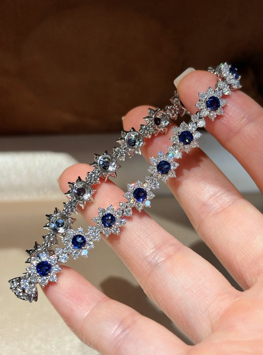 Sunflower Lab Royal Blue Sapphire & Diamond Bracelet | Full Floral Design | Luxury | Platinum