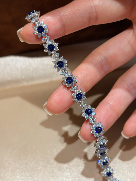 Sunflower Lab Royal Blue Sapphire & Diamond Bracelet | Full Floral Design | Luxury | Platinum