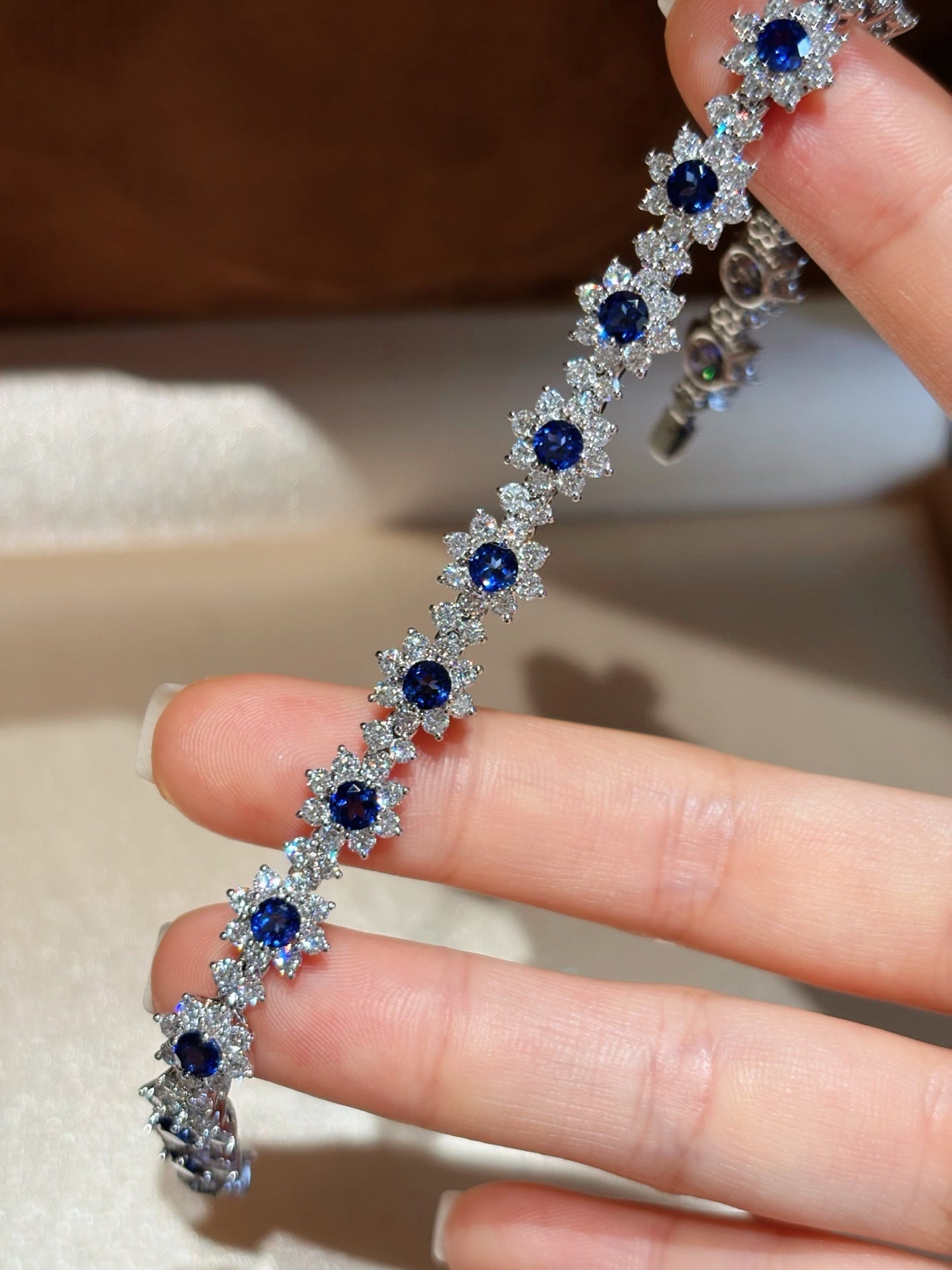 Sunflower Lab Royal Blue Sapphire & Diamond Bracelet | Full Floral Design | Luxury | Platinum