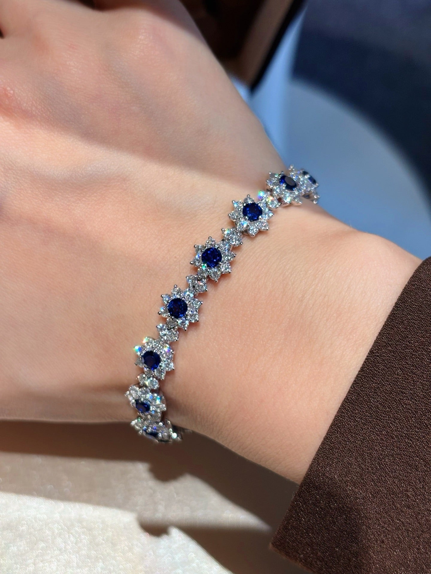 Sunflower Lab Royal Blue Sapphire & Diamond Bracelet | Full Floral Design | Luxury | Platinum
