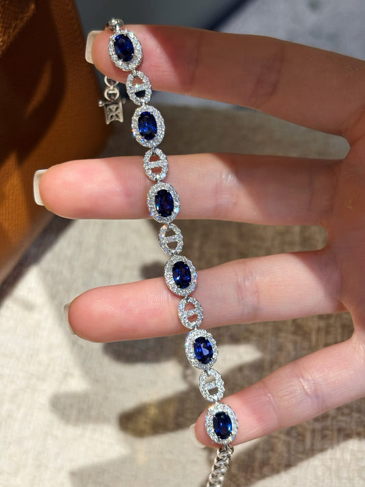 Lab Royal Blue Sapphire Bracelet | Horizontal Marquise Cut Full Band | Platinum