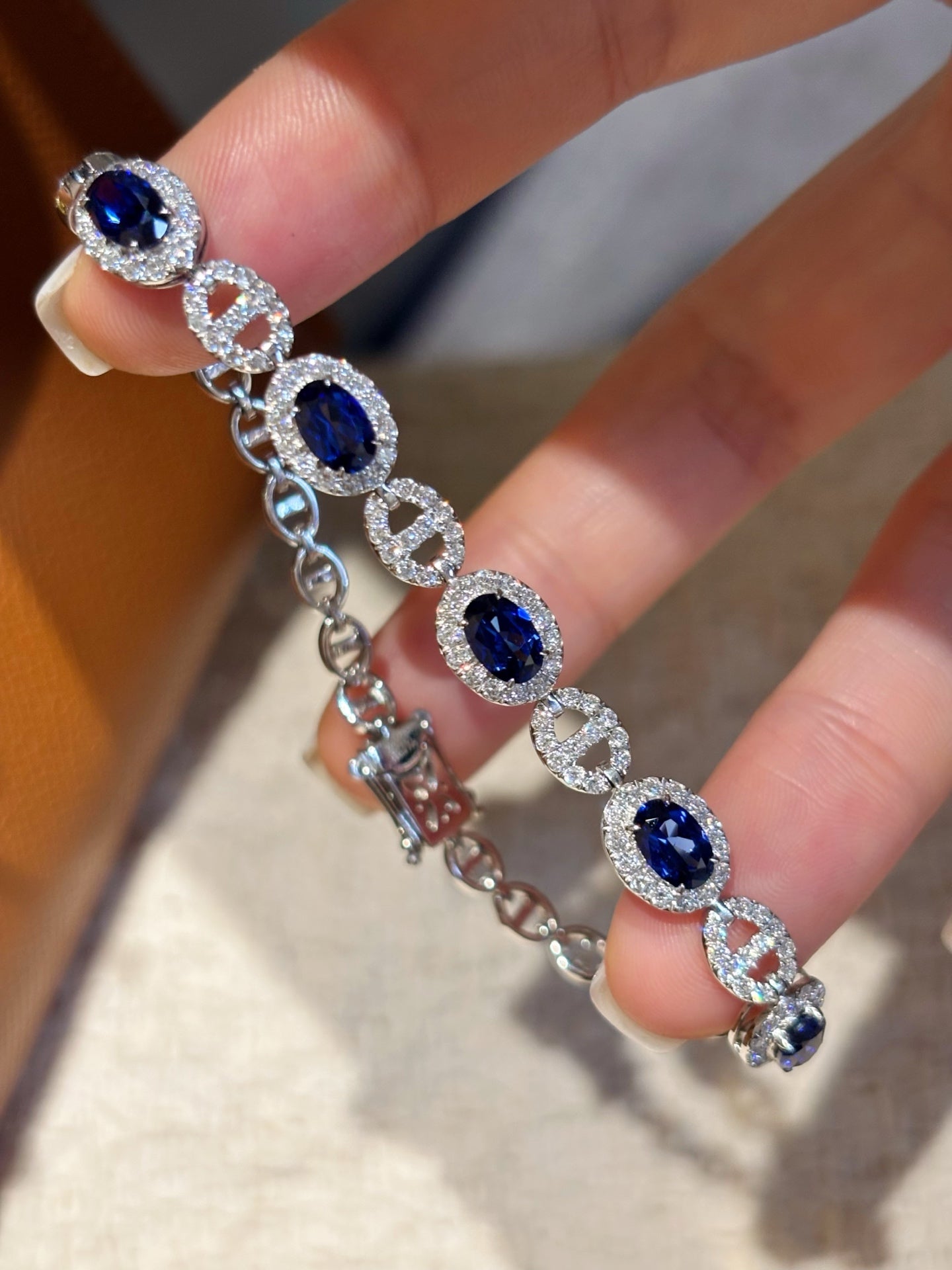 Lab Royal Blue Sapphire Bracelet | Horizontal Marquise Cut Full Band | Platinum
