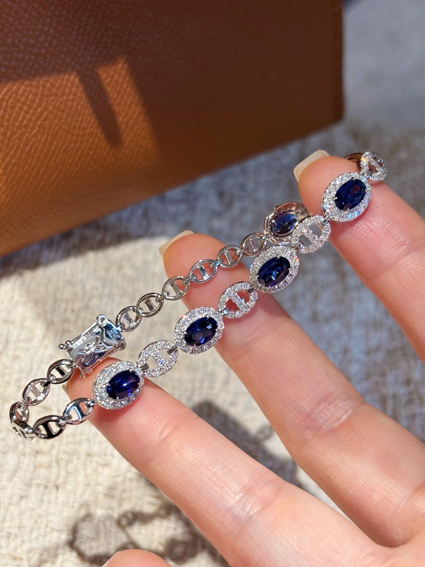 Lab Royal Blue Sapphire Bracelet | Horizontal Marquise Cut Full Band | Platinum