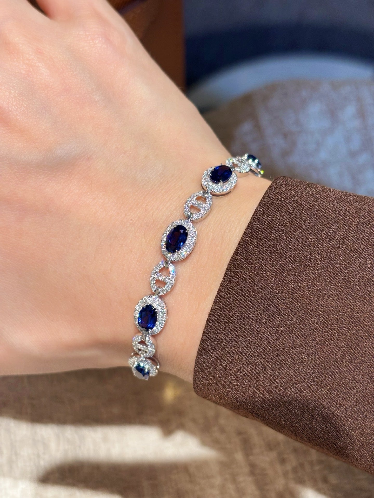 Lab Royal Blue Sapphire Bracelet | Horizontal Marquise Cut Full Band | Platinum